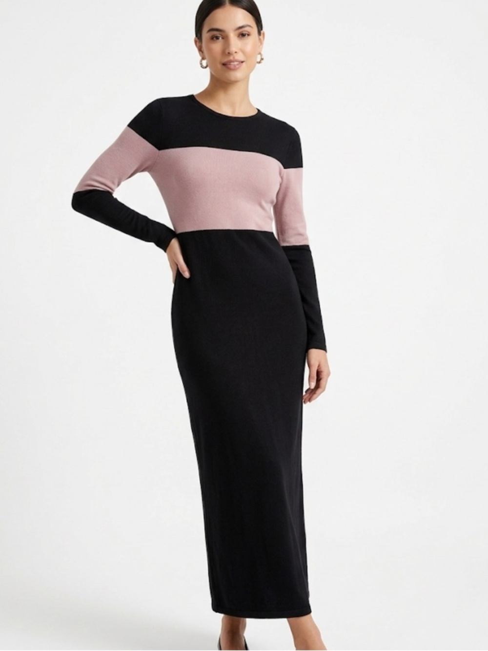 SHEIN Colorblock Long Sleeve Bodycon Maxi Dress - Black & Pink Size XS